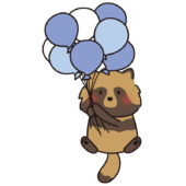 たくさんの青色の風船を持っているタヌキ
