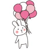 たくさんのピンク色の風船を持っている白いうさぎ