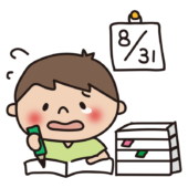 夏休みの最終日に泣きながら宿題をしている子供（男の子）