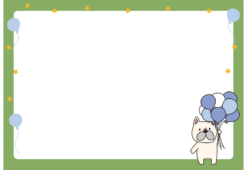 たくさんの青色の風船を持っているフレンチブルドッグの枠（横）