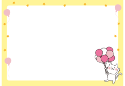 たくさんのピンク色の風船を持っている白い猫の枠（横）