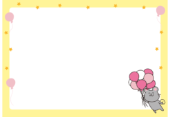 たくさんのピンク色の風船を持っているねずみの枠（横）