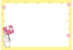 たくさんのピンク色の風船を持っている白いうさぎの枠（横）