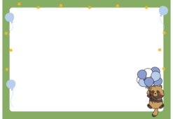 たくさんの青色の風船を持っているタヌキの枠（横）