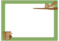 木の枝を走るリスとどんぐりを持っているリスの枠（横）