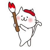 大きな筆で絵を描く白い猫