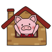 レンガの家から顔を出すこぶた