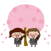 桜の木の前で卒業証書を持っている子供たち1