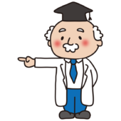 横を指さす博士