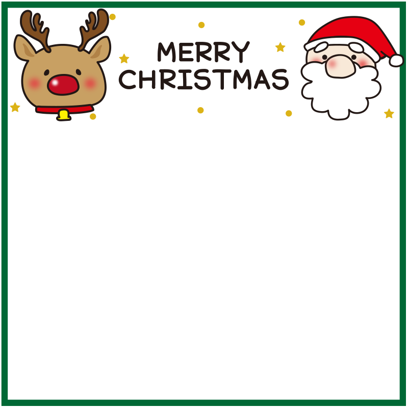 メリークリスマスの文字とお鼻の大きなサンタクロースとトナカイの正方形の枠（緑）
