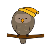 木の枝にとまっている黄色い帽子をかぶったフクロウ