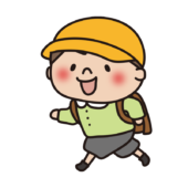 ランドセルを背負って通学帽子をかぶって走る子供（男の子2）