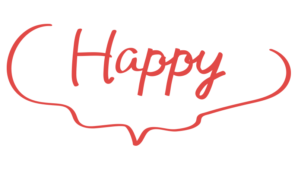 ふわふわしたゆるい吹き出しの中にハッピーの文字（赤）