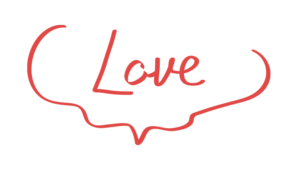 ふわふわしたゆるい吹き出しにラブの文字（赤）