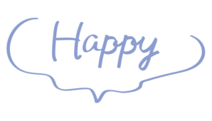 ふわふわしたゆるい吹き出しハッピーの文字（青）