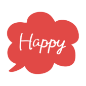 ふわふわの吹き出しの中にハッピーの文字（赤）