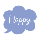 ふわふわの吹き出しの中にハッピーの文字（青）