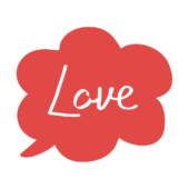 ふわふわの吹き出しの中にラブの文字（赤）