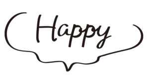 ふわふわしたゆるい吹き出しにハッピーの文字（黒）