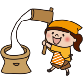 エプロンと三角巾をしてお餅つきをする子供（女の子2）