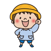 通園帽子をかぶってガッツポーズするスモックを着た幼稚園児（男の子1）