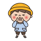 通園帽子をかぶって皆を呼んでいるスモックを着た幼稚園児（男の子2）