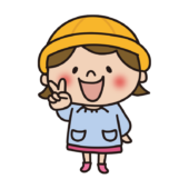 通園帽子をかぶってピースをするスモックを着た幼稚園児（女の子1）