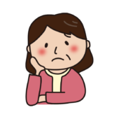 首をかしげているピンクのカーディガンを着たおばさん