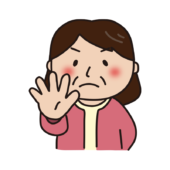 ストップのポーズをしているピンクのカーディガンを着たおばさん