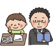 勉強する男の子を見守る眼鏡をかけた男性教師