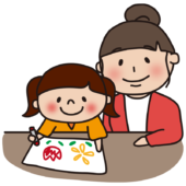 お絵描きする娘と見守るママ