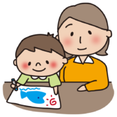 お絵描きする息子と見守るママ