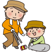 ゴミ拾いをする母と息子