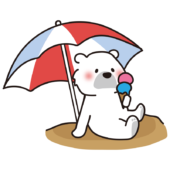 パラソルの下でアイスクリームを食べている白クマ