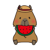 夏に麦わら帽子をかぶってスイカを食べているカピバラ