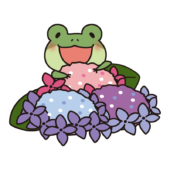 カラフルな紫陽花と蛙