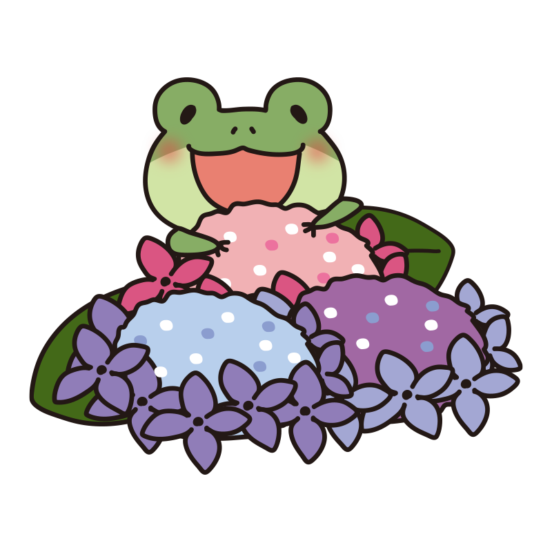 カラフルな紫陽花と蛙