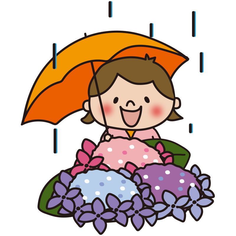 雨の日に傘をさして紫陽花を見つめる子供（女の子）