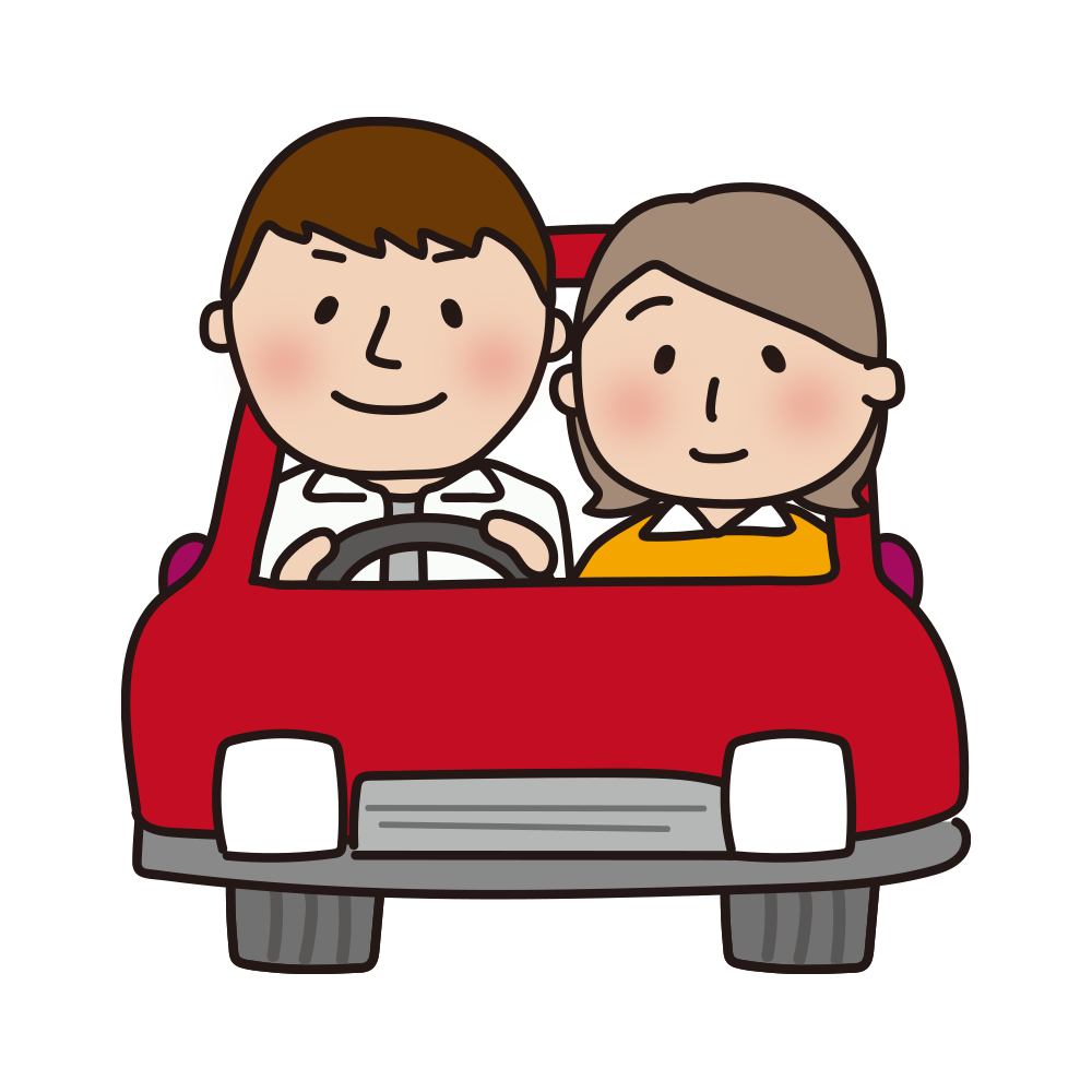 赤い車でドライブする夫婦（正面）