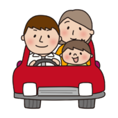 赤い車でドライブする家族（正面）