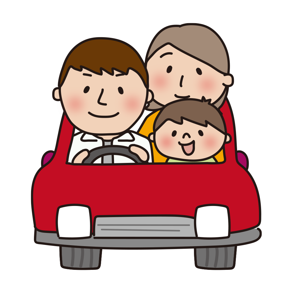 赤い車でドライブする家族（正面）