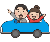 青い車でドライブする夫婦（横）