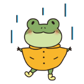 合羽を着て雨を楽しむ蛙