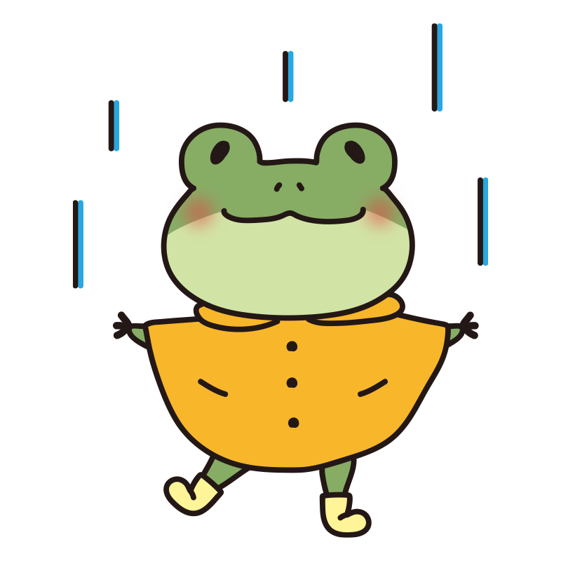 合羽を着て雨を楽しむ蛙