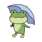 横を向いて傘を差している蛙