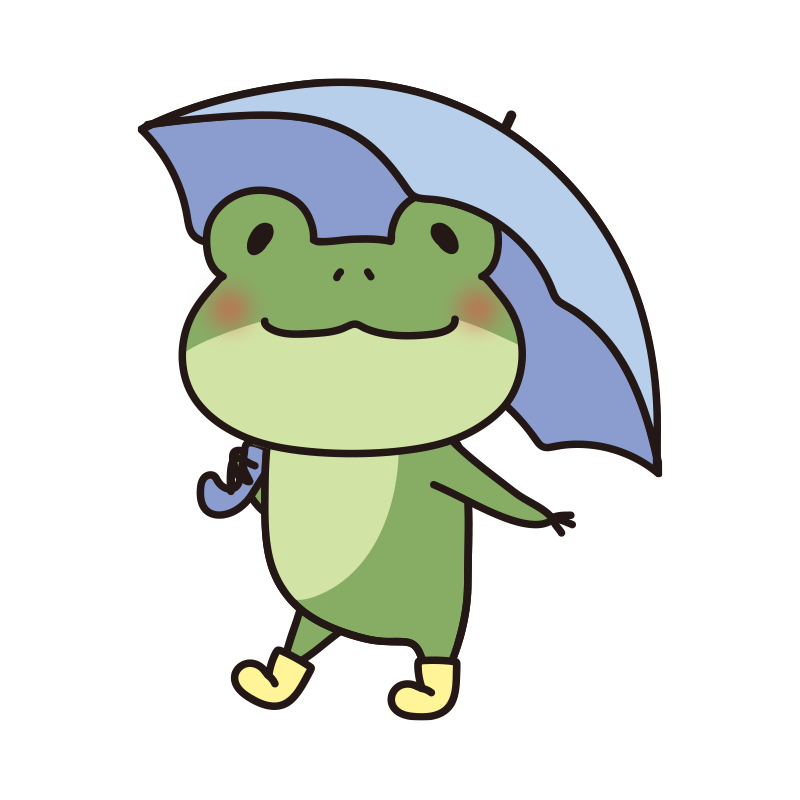 横を向いて傘を差している蛙