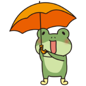 長靴を履いて傘を上にあげている蛙