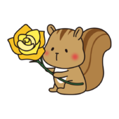 黄色い大きなバラを持っているリス