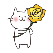 黄色い大きなバラを持っている白い猫