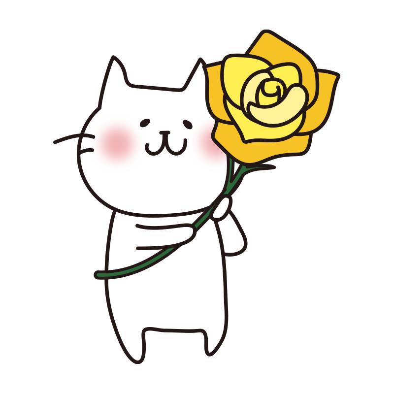 黄色い大きなバラを持っている白い猫